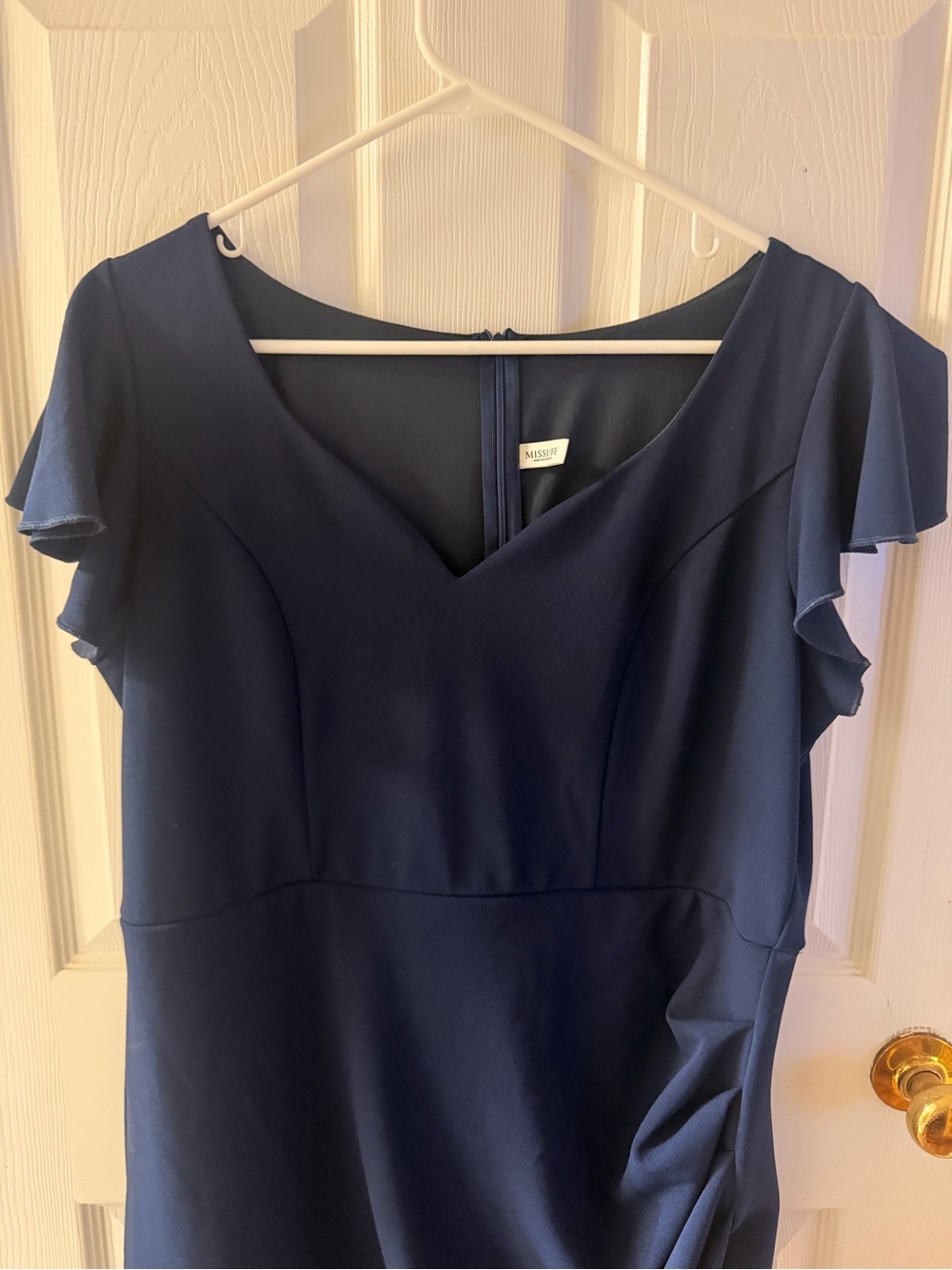 MISSUFE Midi V-Neck Navy Dress with Flutter Sleeves